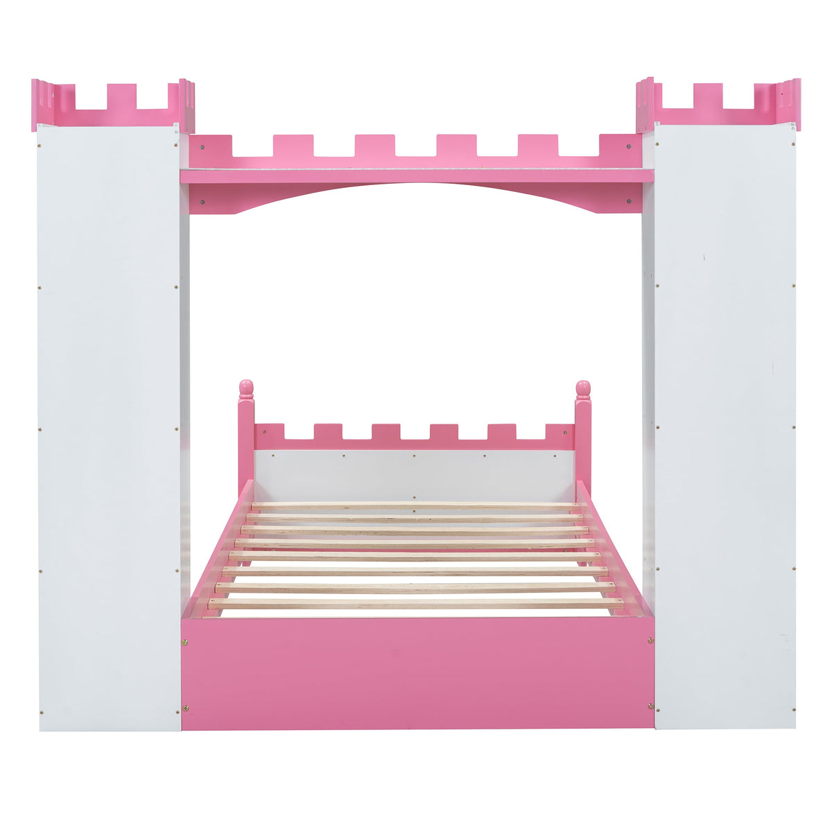 Castle-Shaped Wooden Bed with Storage Shelf, Dreamy Twin Size Platform Bed for Kids Bedroom, White + Pink