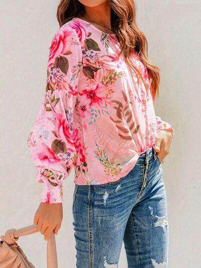 Smocked Printed Round Neck Lantern Sleeve Blouse for Women