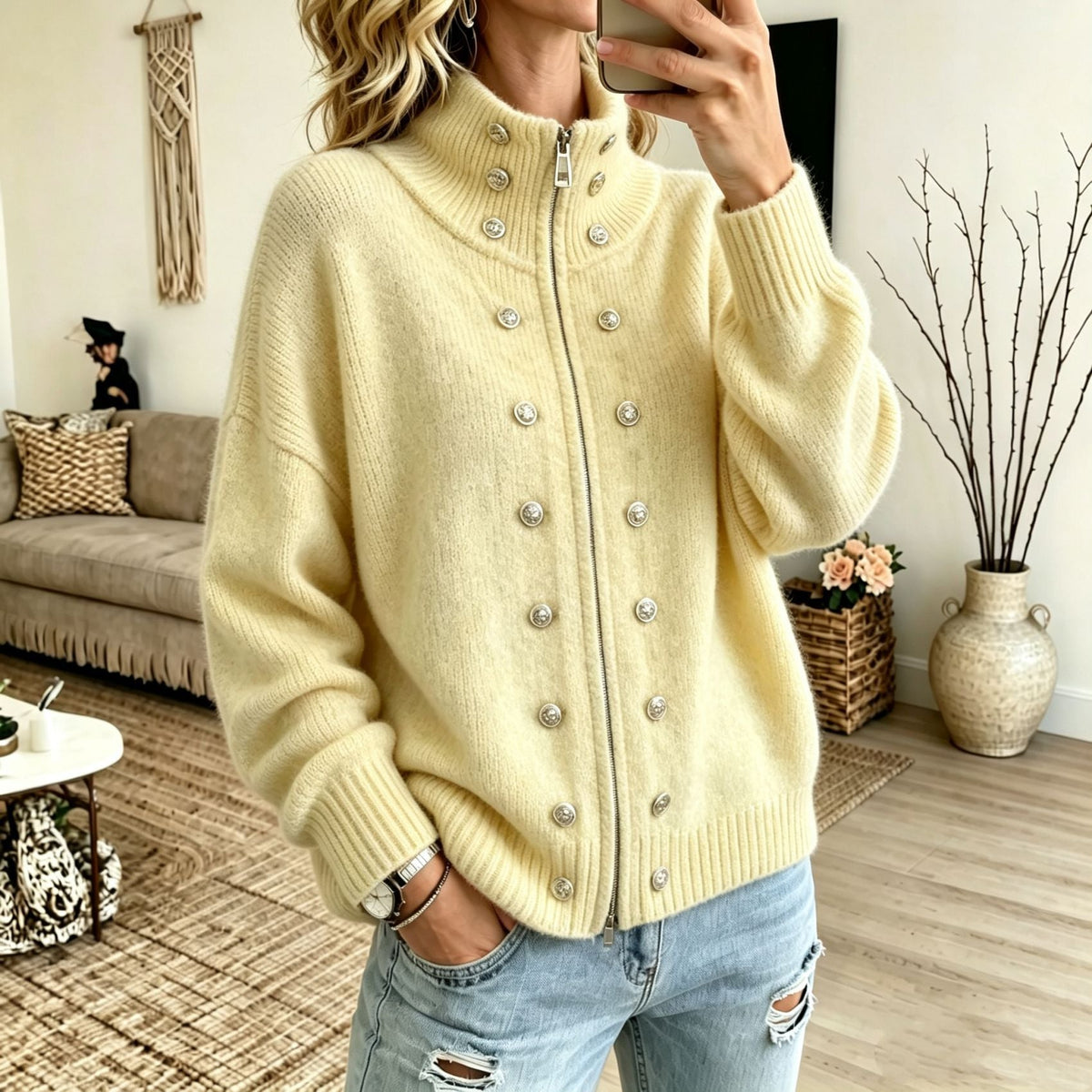 Women's Sweater Coat With Metal Buttons And Double Zippers