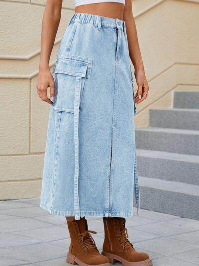 Slit Pocketed High Waist Denim Skirt for Women