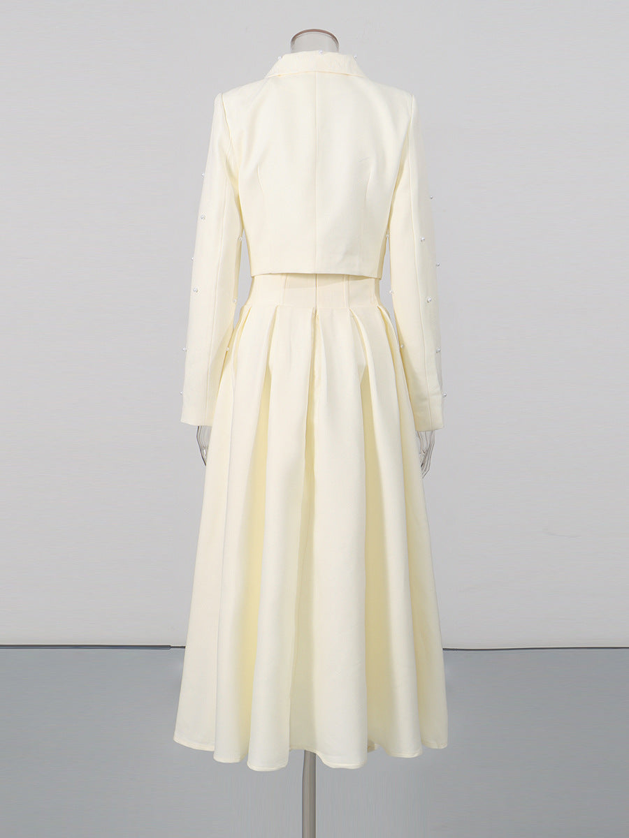 Pearl Embellished Cropped Jacket & Pleated Midi Skirt Two-Piece Set