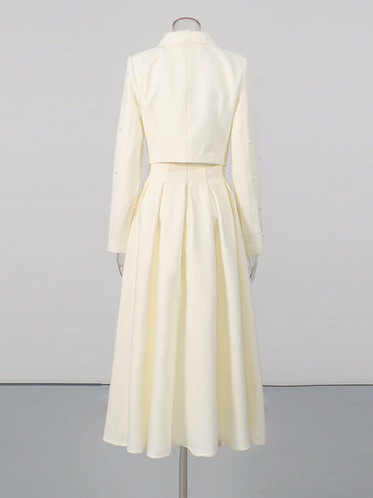 Pearl Embellished Cropped Jacket & Pleated Midi Skirt Two-Piece Set