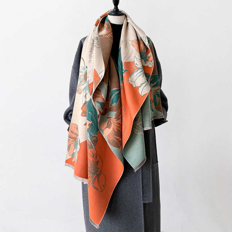 Chinese-style Landscape And Floral Cashmere-look Scarf