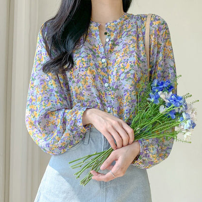 Women's Floral Chiffon Top Long Sleeve Shirt
