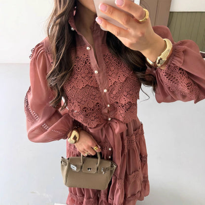 Long-sleeve Hollow-out Mesh Patchwork Dress With Lantern Sleeves