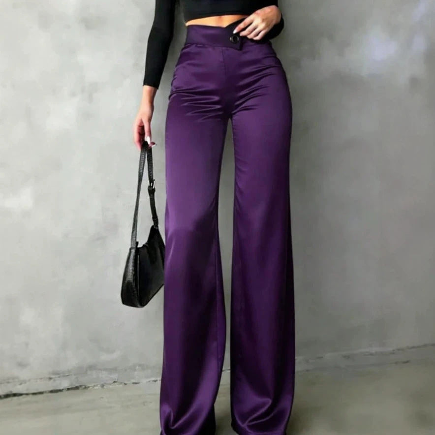 Womens Solid-color Versatile High-waisted Satin Bootcut Trousers