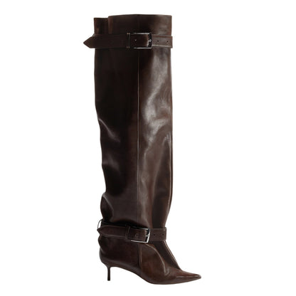 Pointed-toe Low-heeled Buckle-decorated Over-the-knee Womens Boots
