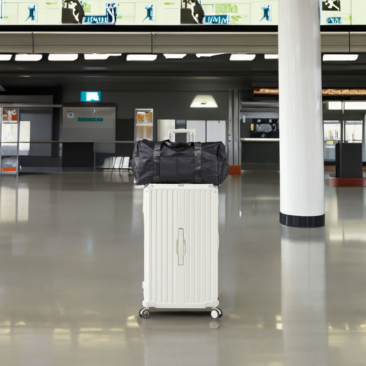 Luggage Set 4 pcs (20"/24"/29"/Travel Bag), PC+ABS Durable Lightweight Luggage with Collapsible Cup Holder、 TSA Lock, White
