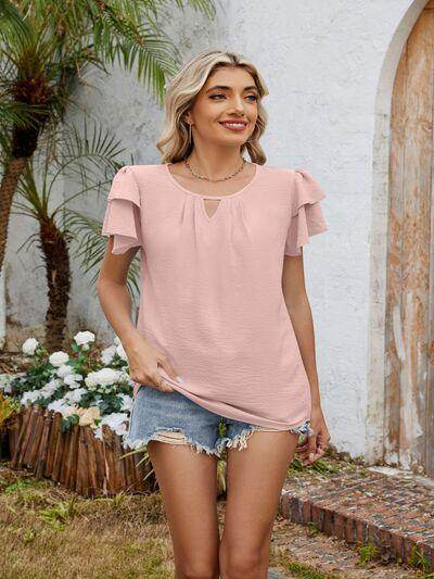 Cutout Round Neck Short Sleeve Blouse for Women Fashion