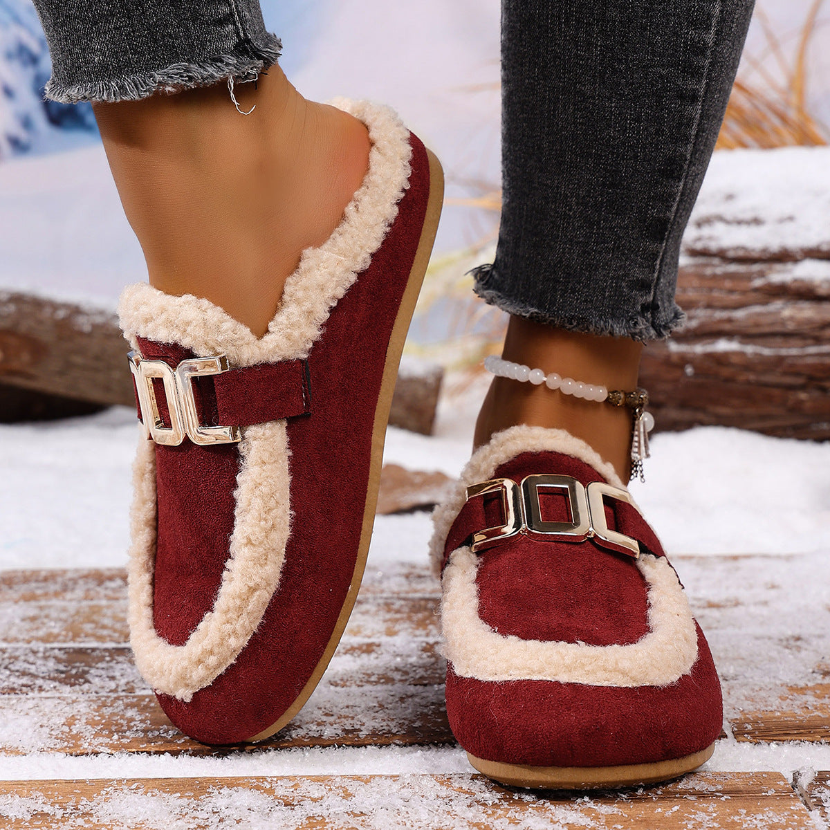 Women's Flat Lamb Wool Slippers Winter New Birkenstock Closed Toe Fluffy Shoes Lazy Cotton Slippers