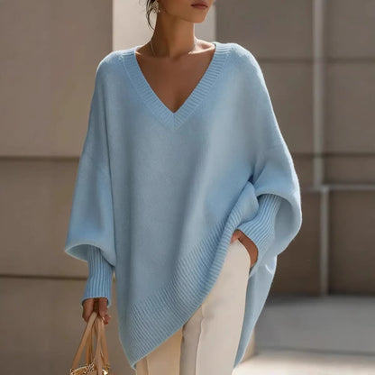Women's V Neck Oversized Knit Sweater, Long Sleeve Solid Color Lazy Style Loose Asymmetric Hem Pullover Top For Spring Daily Wear