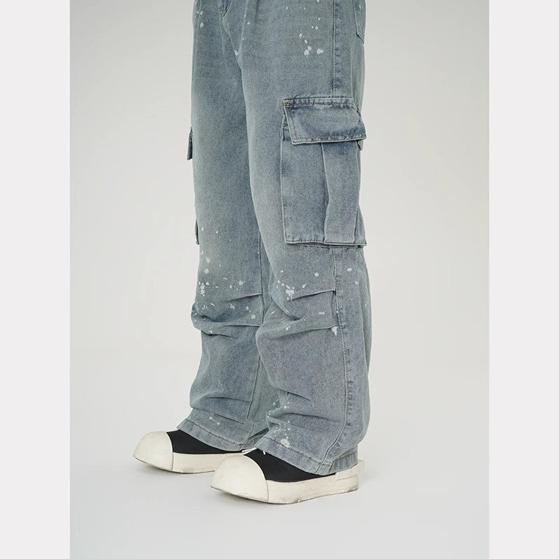 Mens Wide-leg Denim Washed Work Pants With Large Pockets