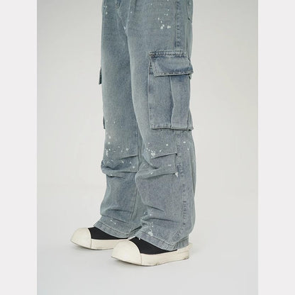 Mens Wide-leg Denim Washed Work Pants With Large Pockets