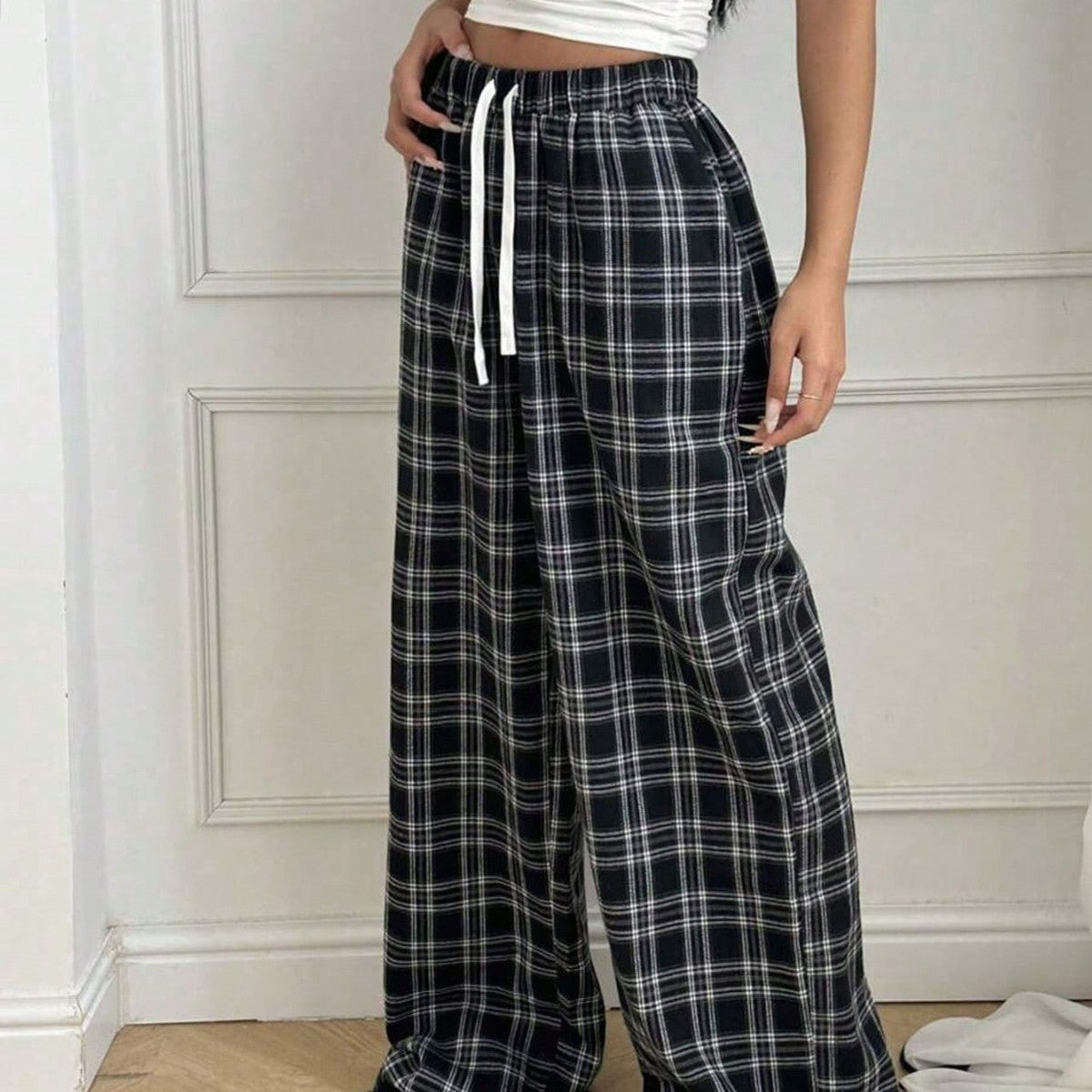 Women's Plaid Casual High-Waisted Wide-Leg Pants With Drawstring
