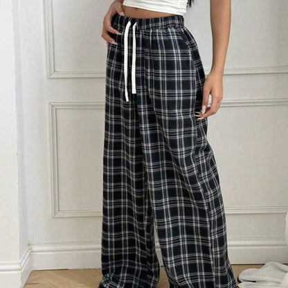 Women's Plaid Casual High-Waisted Wide-Leg Pants With Drawstring