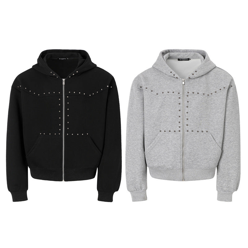 Rivet-zip Hooded Loose-fit Cropped Cardigan Unisex Jacket