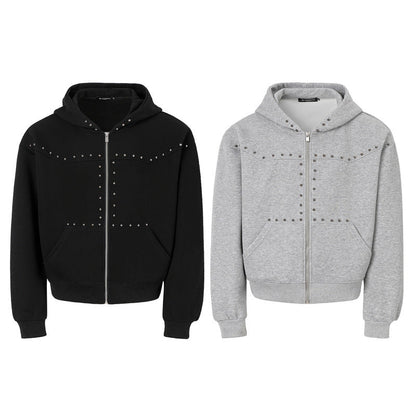 Rivet-zip Hooded Loose-fit Cropped Cardigan Unisex Jacket
