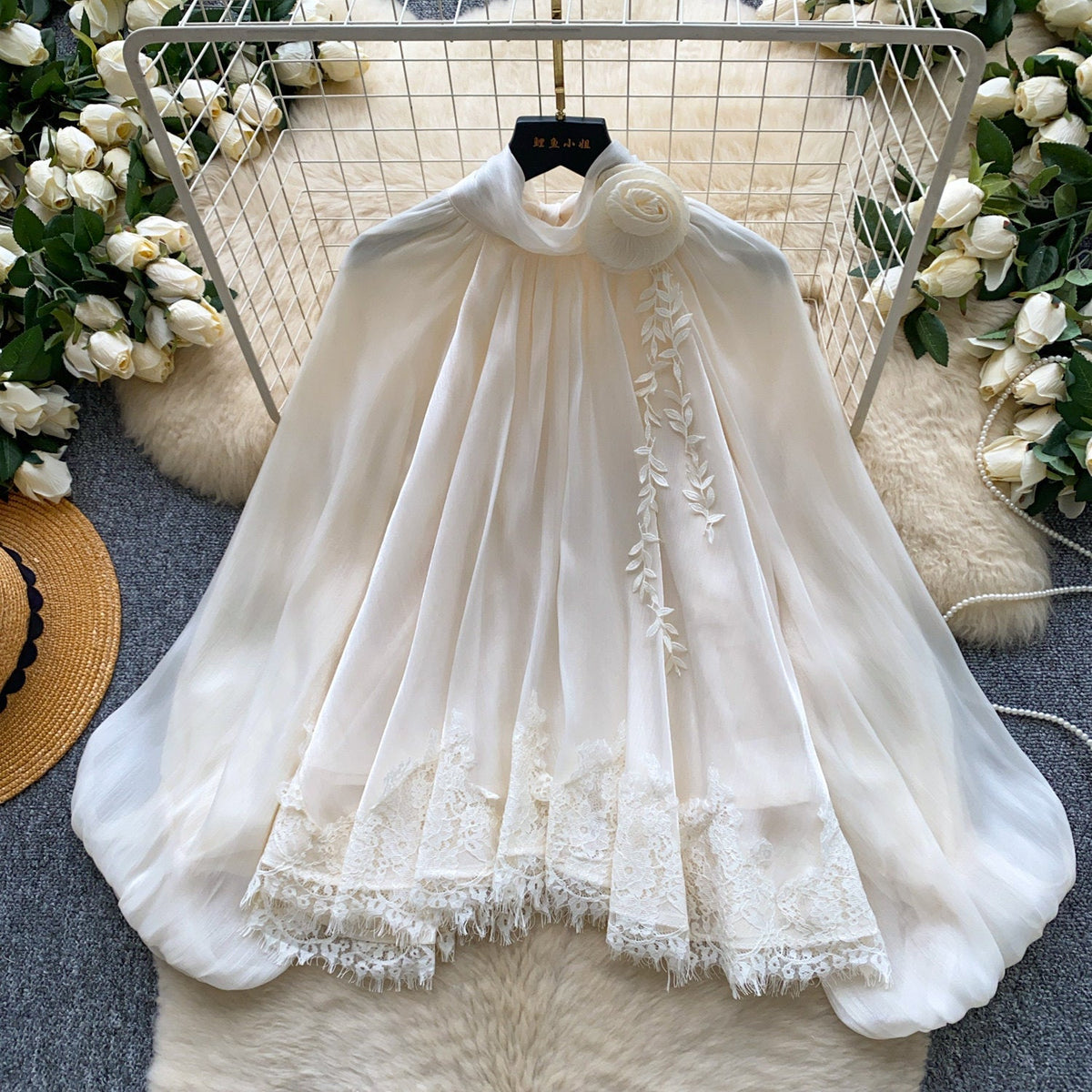 Women's Solid-Color French-Style 3D Floral Mesh Blouse