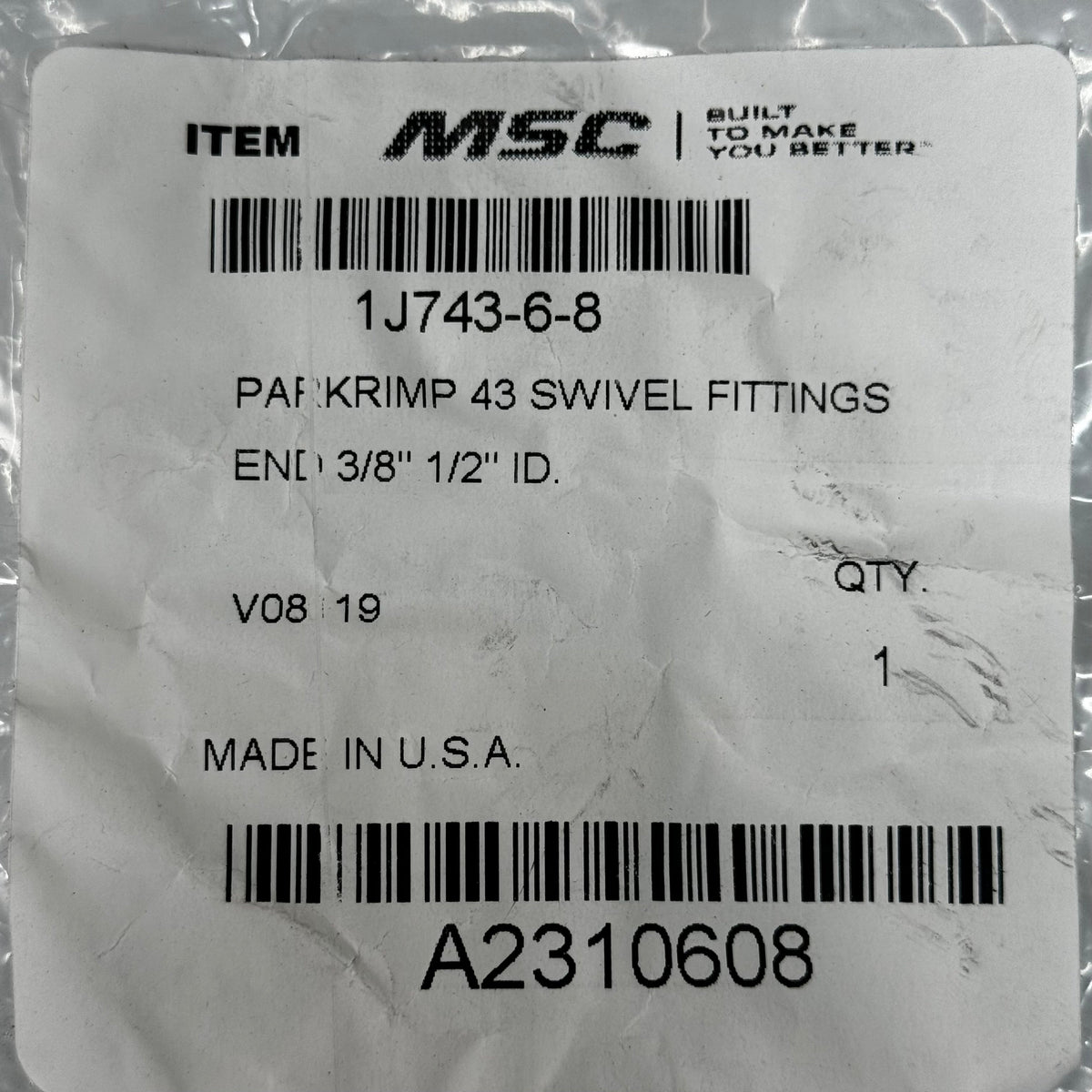 PARKER Hydraulic Hose 43 Swivel Fitting Ends 3/8" x 1/2" Steel 1J743-6-8