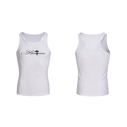Cotton White Tank Top With Cross Print For Men