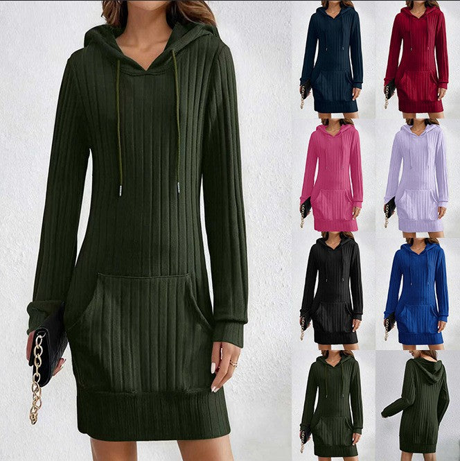 Knitted Hooded Ribbed Pocket Long-sleeve Dress