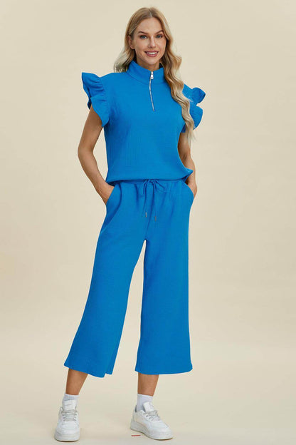 Double Take Full Size Texture Ruffle Top and Pants Set