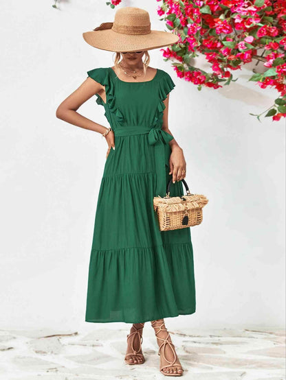 Tie Belt Ruffled Tiered Dress for Chic Midi Style
