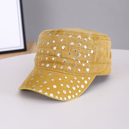 Men's And Women's Metal Rivet Decorated Washed And Distressed Material Flat-top Style Retro Punk Hat. Suitable For Daily Street Wear In School Settings.