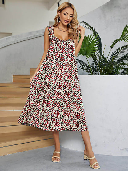 Printed Ruffled Sleeveless Midi Dress for Chic Style