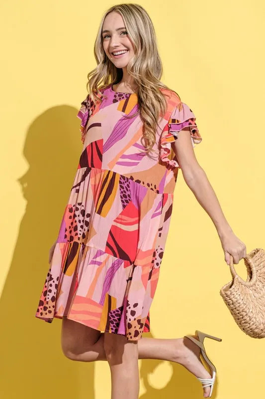 And The Why Printed Double Ruffles Sleeve Dress