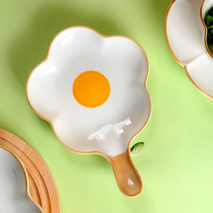 Creative Sun Egg Ceramic Bowl and Dish Set Cute Rice Bowl, Plate, Handle, Plate, Tableware, Home Breakfast Soup Plate