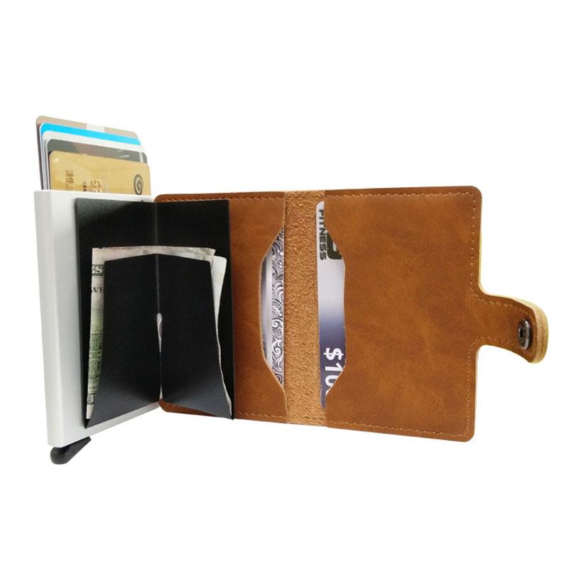 RFID Protected Vintage Automatic Leather Credit Card Holder Men Aluminum Alloy Hasp Business ID Multifunction Cardholder Wallet