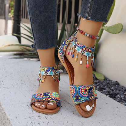 Printed Fabric Wedge Tassel Round Toe Sandals