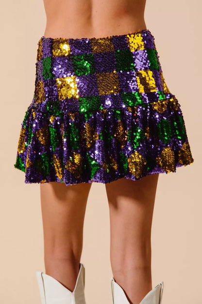 SO ME Mardi Gras Checker Sequins Mini Skirt