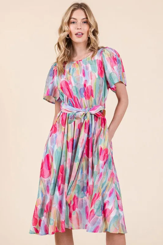 Lime 'N' Chili Watercolor Print Tie Front Midi Dress