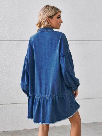 Button Up Pocketed Raw Hem Denim Dress for Women