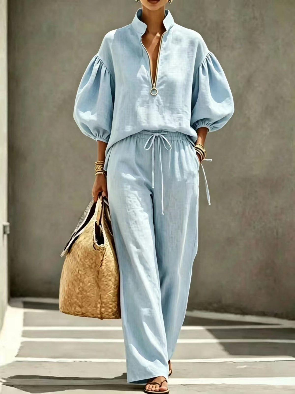 Loose-fitting Solid-color Womens Set With A Half-zip And Puff Sleeves