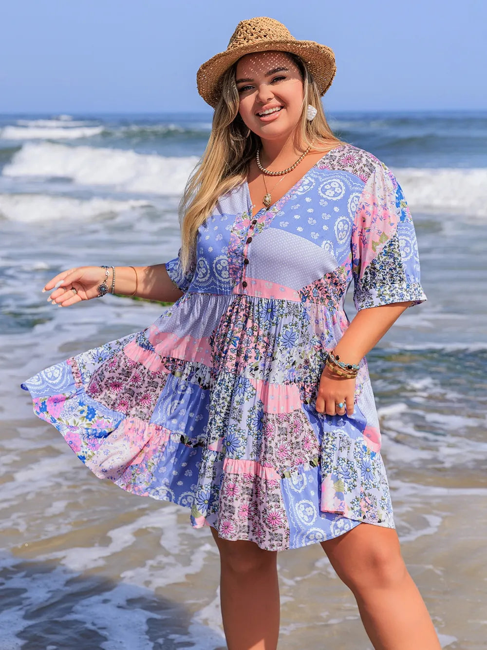 Plus Size Printed V-Neck Tiered Mini Dress