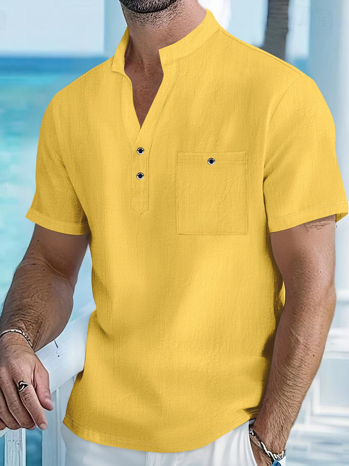 Stand Collar T-shirt Linen Short Sleeve Shirt Men