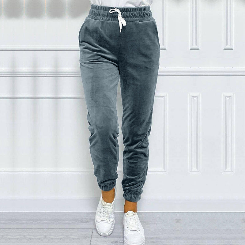 Versatile Women's Jogger Pants With Elastic Waistband And Drawstring, Korean-style Velvet Casual Pants, Sportswear