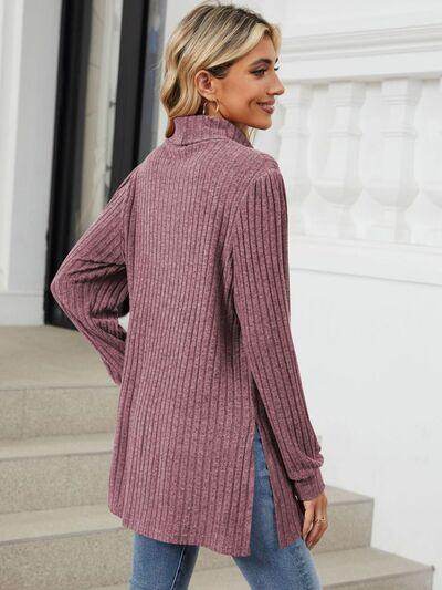 Slit Mock Neck Long Sleeve T-Shirt for Women with Pocket