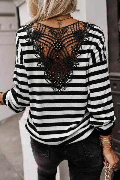Striped Lace Detail V Neck Top for Stylish Comfort