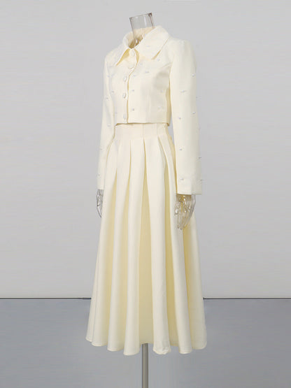 Pearl Embellished Cropped Jacket & Pleated Midi Skirt Two-Piece Set