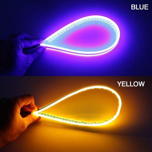 60cm New Slim Amber Sequential Flexible LED DRL For Headlight Strip Daytime Running Light With Yellow Turn Signal Lamp 12V