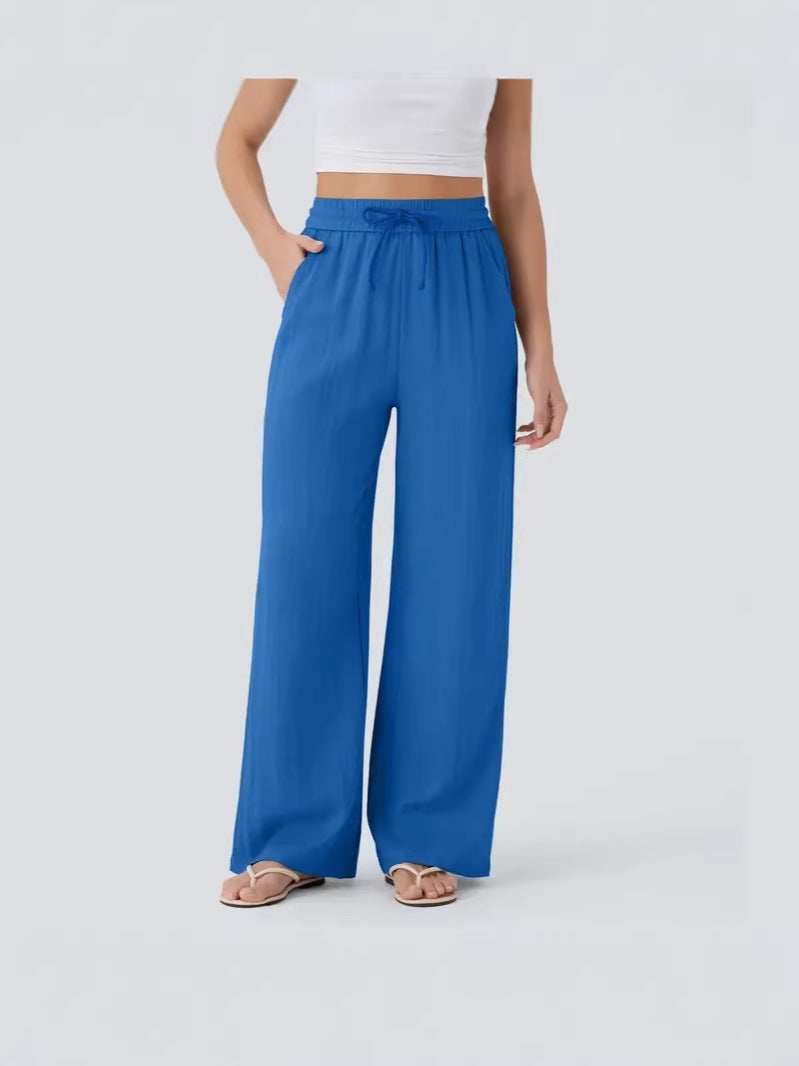 2026 High-Waisted Drawstring Side Pocket Casual Style Linen Flowy Elastic Beach Wide-Leg Pants Women's Cloud Cotton Casual Pants