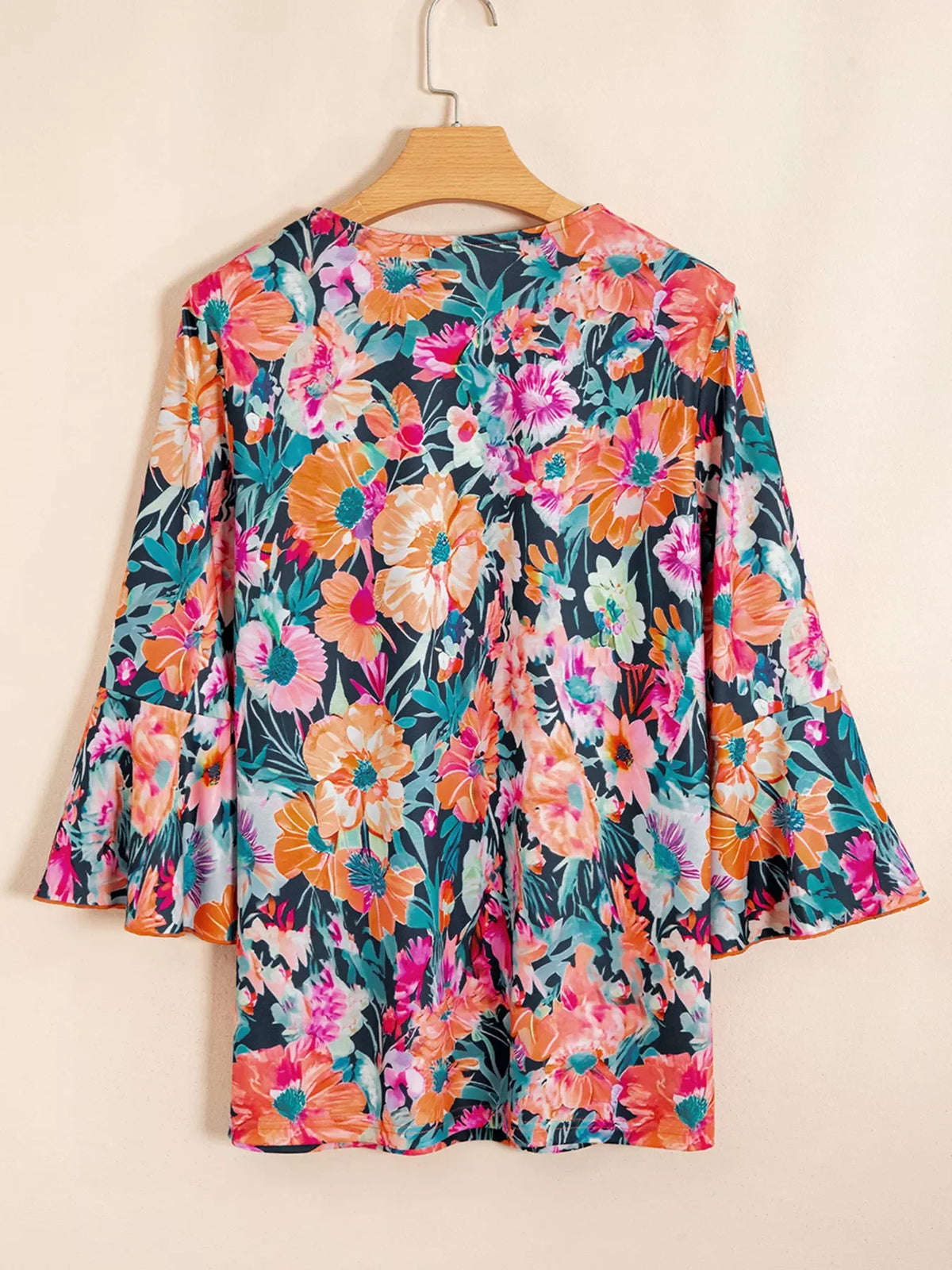 Floral 3/4 Flare Sleeve Tied Neck Blouse