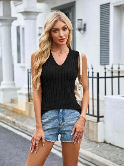 Ribbed Solid Color V-Neck Tank for Women Stylish Wear