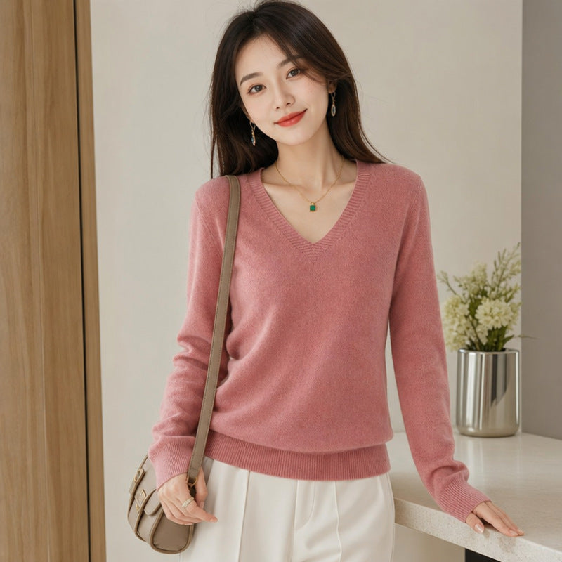 Women's V-neck Long-sleeve Pullover Knit Sweater