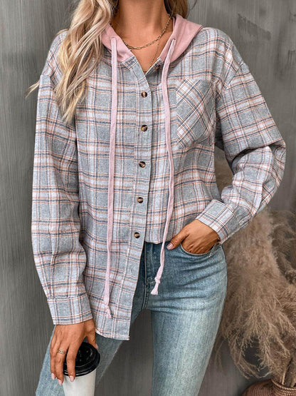 Plaid Long Sleeve Hooded Jacket for Women with Pockets