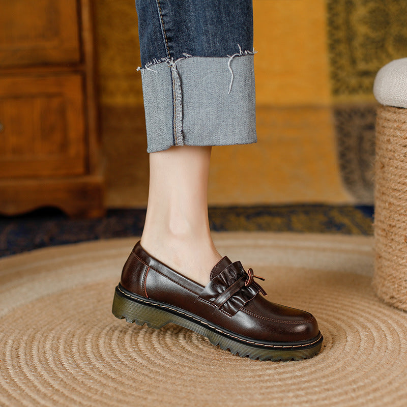 British Style Round Head Chunky Heel Small Leather Shoes For Women